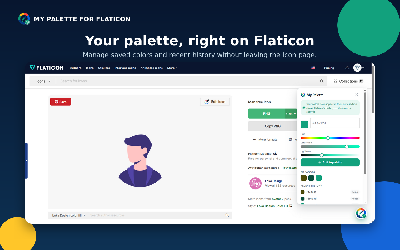 The floating palette panel open on a Flaticon icon page